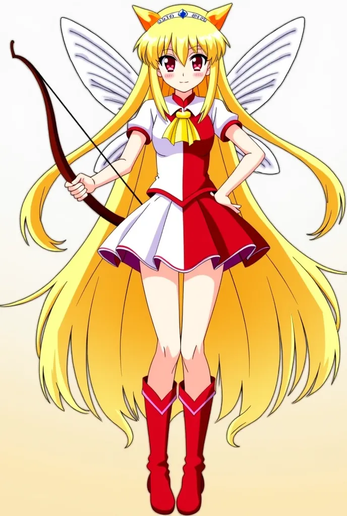 The one with yellow and long hair is red eyes is a short red and white blouse with a red and white skirt it is a yellow fringe with a serious look it is from anime it is with a bow and arrow with fairy wings the color red with a red boot with a white tiara...