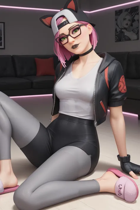 girl (masterpiece),choker,black lips,black cap,fingerless gloves,evening (only)loose Dark gray V-neck t-shirt, Black jacket (black shorts with grey leggings)tight spandex shorts,video games,gamer room,with neon light,beautiful green eyes,short pink hair,gl...