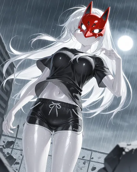 best image quality、High Resolution、 Thick white hair 、white eyes、、rooftop、  BLACK HIM T-SHIRT 、beautiful breasts、  best thighs、Scarlet Aura、 long hair、best image quality、floating rubble、black shorts、 white skin、 the royal family、、Straight face、Waking up、Be...