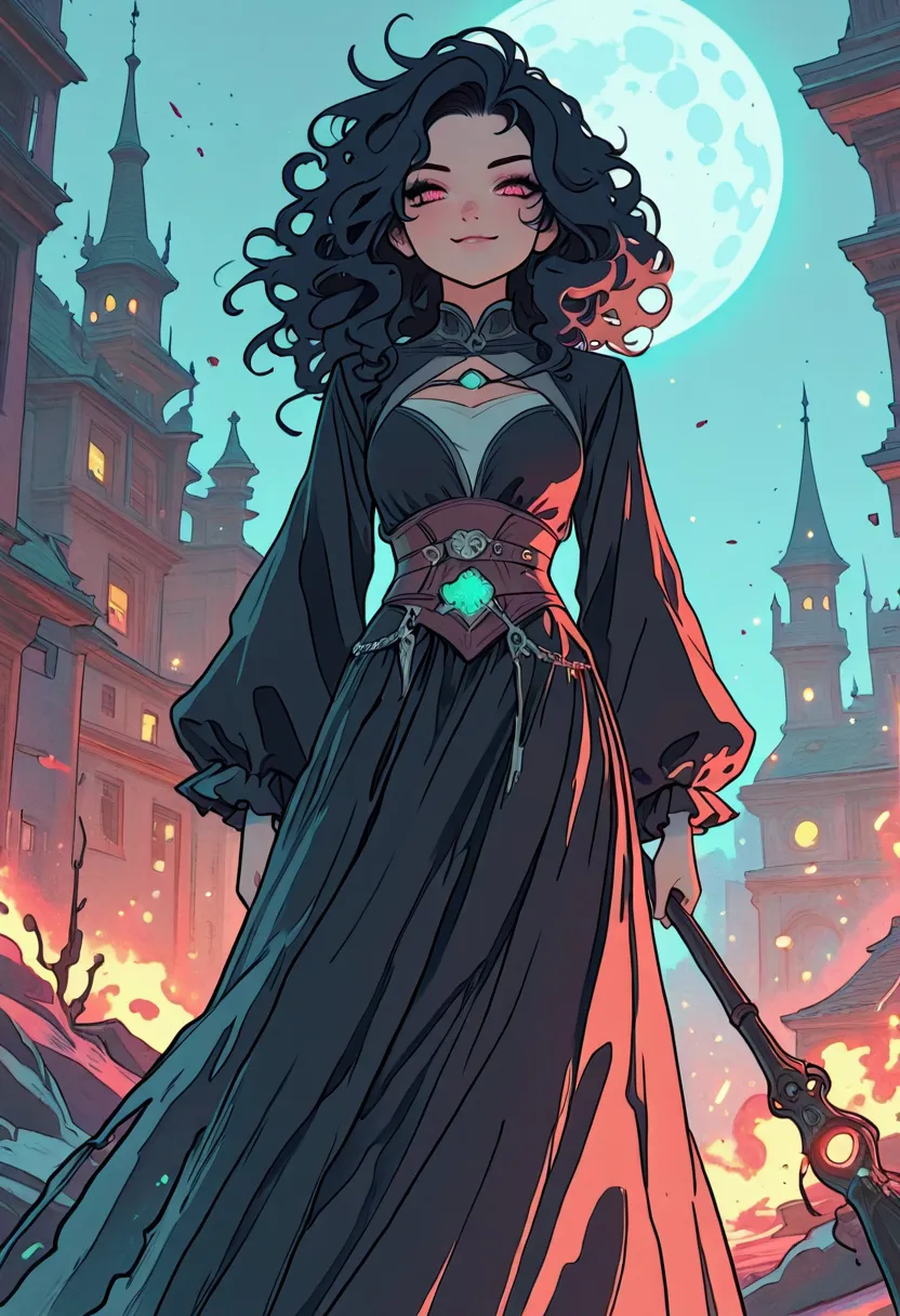 
woman, dark witch, majestic, dark castle background, smirk, messy hair, ((curly hair)), long black hair, gothic, dark indigo, airglow, black white indigo green red purple, dark muted colors, muted emerald glow