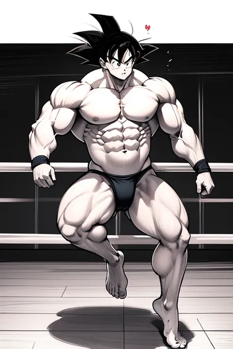 ( A detailed drawing of goku , Gymnastik room fighting .), With a naked torso, red fundoshi , huge muscular body, shredderd Body, big Bizeps, big shoulders, Muscle legs,abs, Barefoot,auf einer Matte in der  Turnhalle, high step, Full body image, side chest...