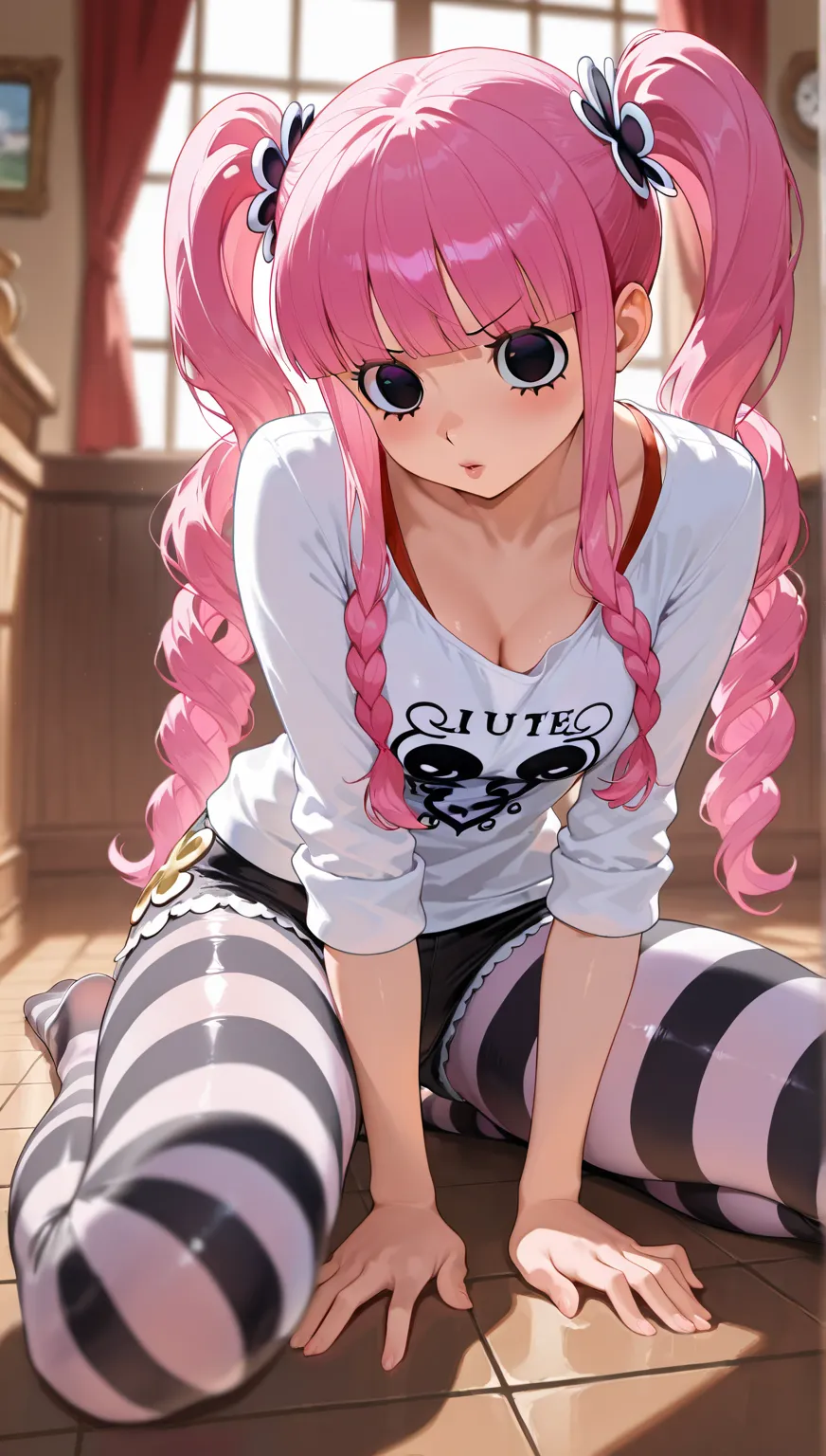    masterpiece   ,   rolled up ,    amazing quality ,    very aesthetic,tease, high resolution , ultra-detailed, (( make sure 5 toes )), absurd, latest ,Perona  from One Piece,  shiny eyes       ,  detailed face  ,    medium chest    ,  striped pantyhose, ...