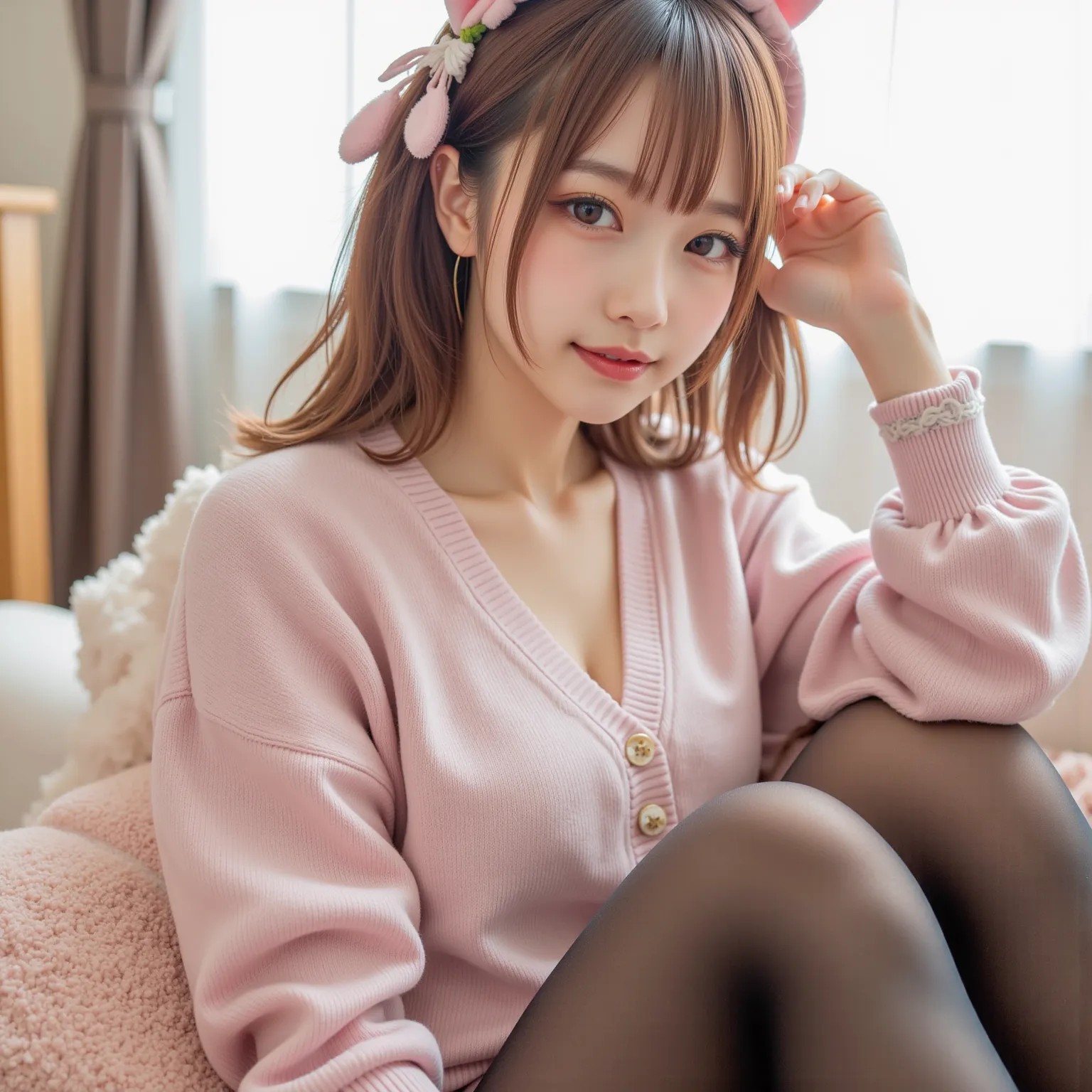  Wear Perfect, Realistic Black Pantyhose:1.6,   sharp,  sharp lines,  Cannon Pictures Crystal Clear ,  Photorealistic,    Beautiful girl in every detail , Genuine: 1.4,   detailed explanation of meaning and purpose , Soft Pastel Sweaters:1.3、 super realist...