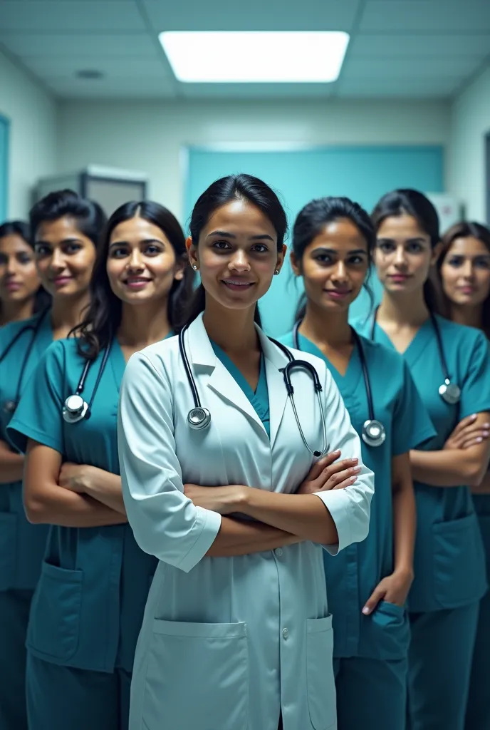 7 female doctors indian pakistani in origin in scrubs in hospital background