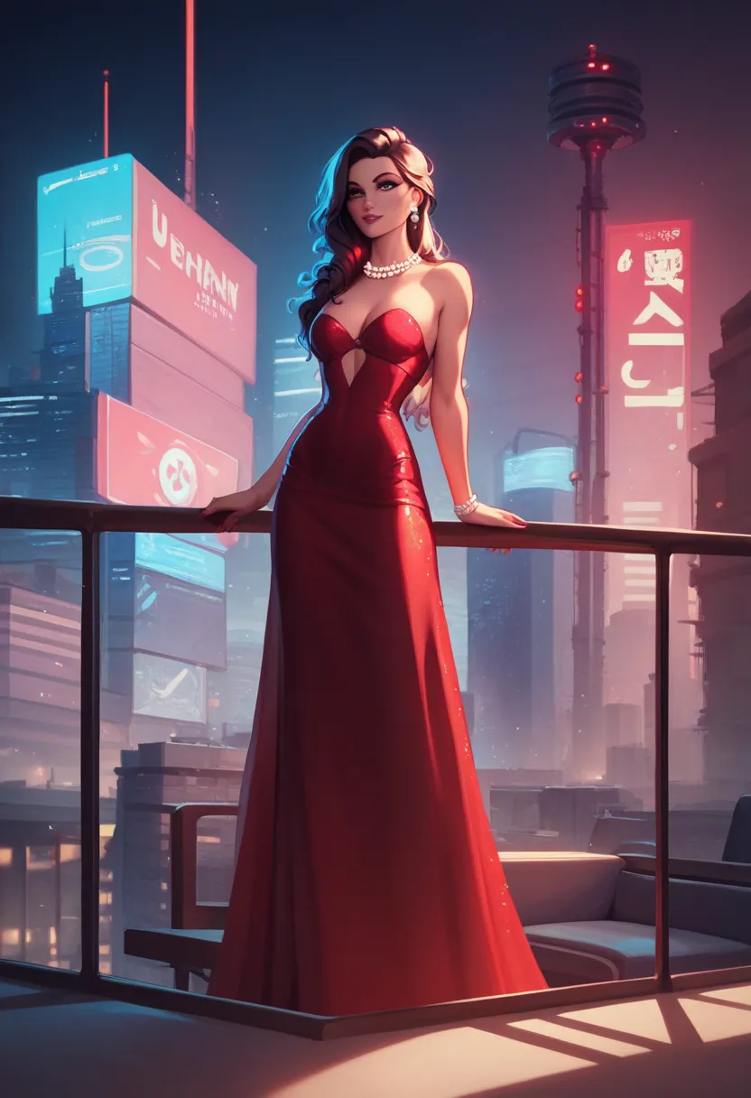 An elegant and mysterious Asian woman（Tears of the Next Life），Black long hair with small curls，in a tight red evening dress，wearing a pearl necklace，standing on the roof of Tokyo at night。She is holding a high-tech telescope looking into the distance，Her e...