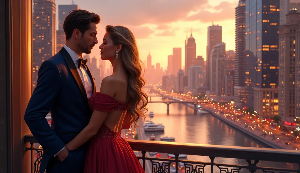 elegant man and woman,  In the left corner of the image , with a bright and elegant background of a city in the United States 