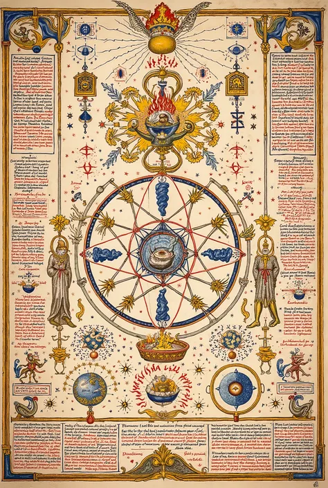 Medieval Illuminated Alchemical manuscript style artwork, colorful ink pen linework, ((textbook manuscript page)) of labelled drawing of Alchemy diagrams 
