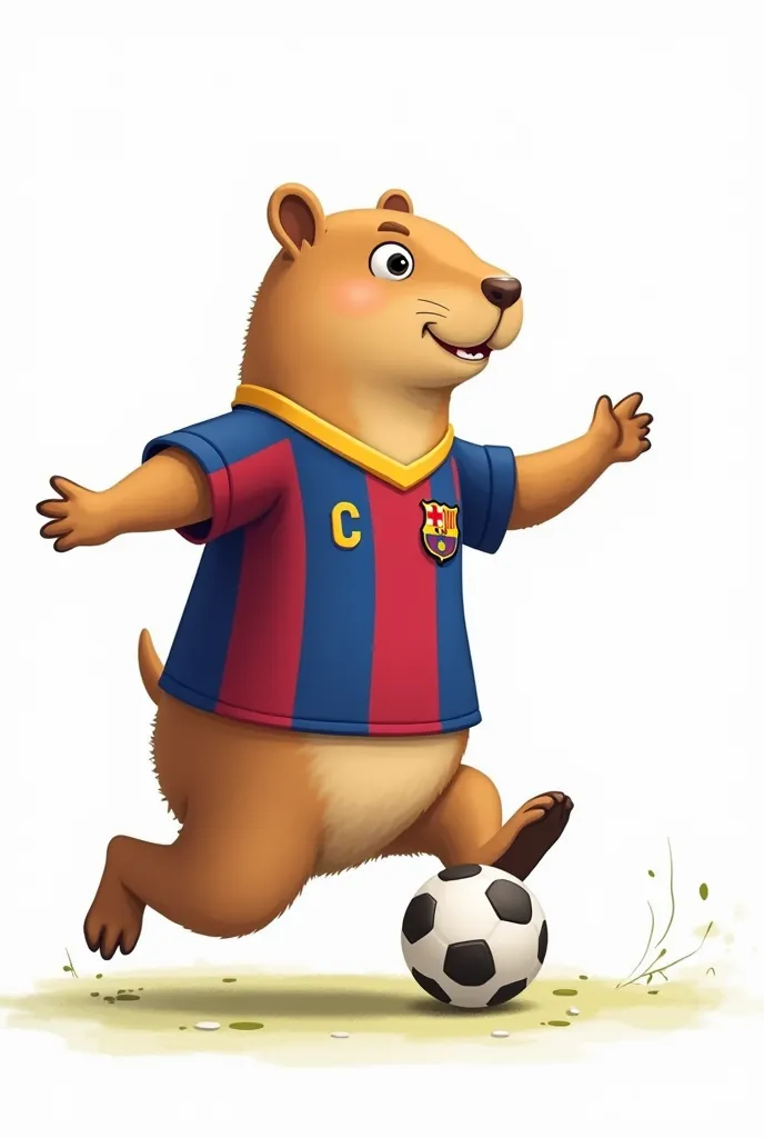 Capybara playing soccer with the Barcelona jersey cartoon white background