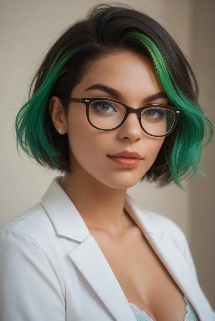 A woman Modern pharmacy student, short hair with green highlights , glasses,  Brazilian 