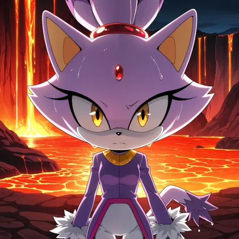 masterpiece, best quality, amazing quality, Anime Screencap. BREAK. blaze the cat, lava, 1girl, furry female, furry, tail, cat ears, animal ears, cat girl, cat tail, purple fur, forehead jewel, looking at viewer, yellow eyes, dripping, solo, topknot, ponyt...