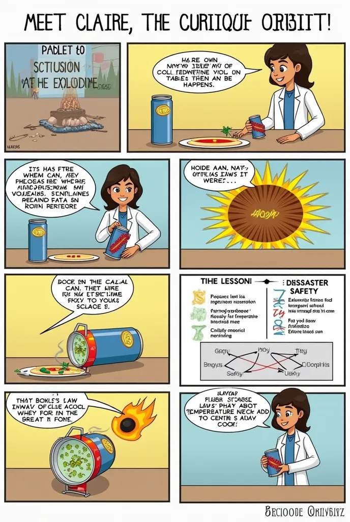 Sounds like a blast—literally! Let's cook up a comic strip about the gas laws using an exploding aerosol spray can. Here we go:

### **Panel 1: Introduction**
- **Caption:** "Meet Claire, the Curious Chemist"
- **Image:** A cheerful chemist in a lab coat, ...