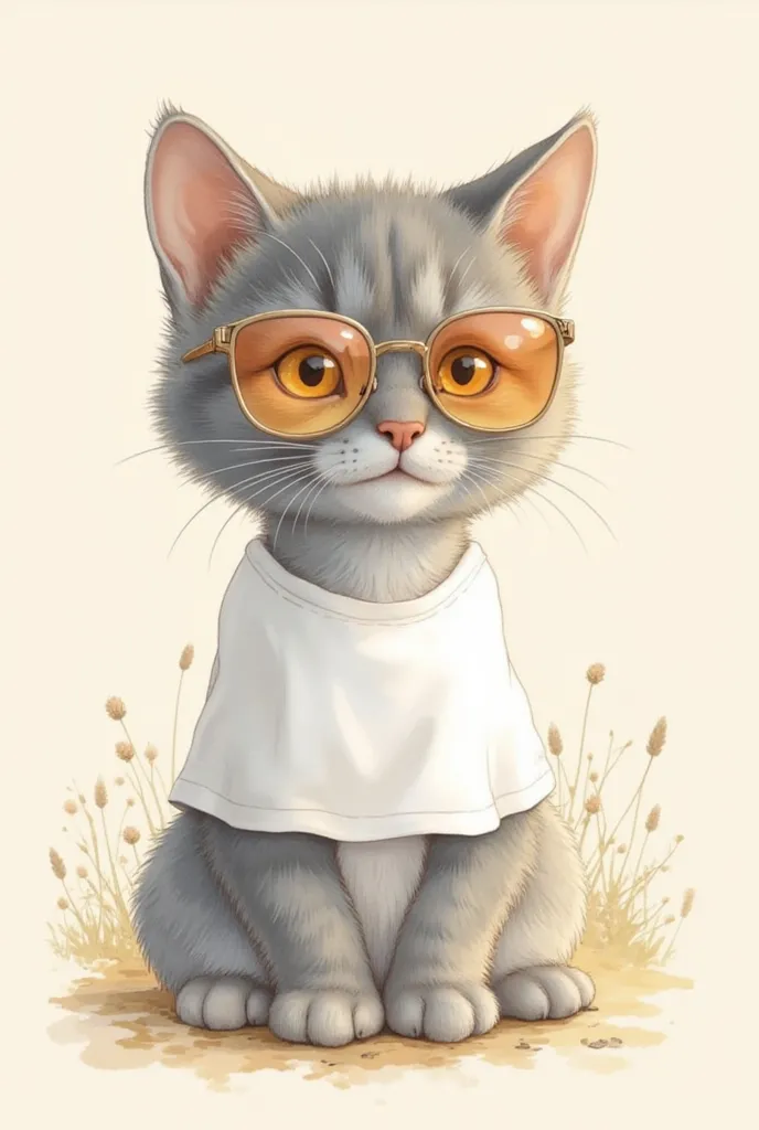  Chat gris dans un teeshirt  blanc et des lunettes de soleil ),  petit visage, beautiful fur, Beaux yeux brillants ,   landless background :1.2, calm,   light that shines in  ,( high quality:1.2,  very detailed,   wear a white tank top {x} Very detailed CG...