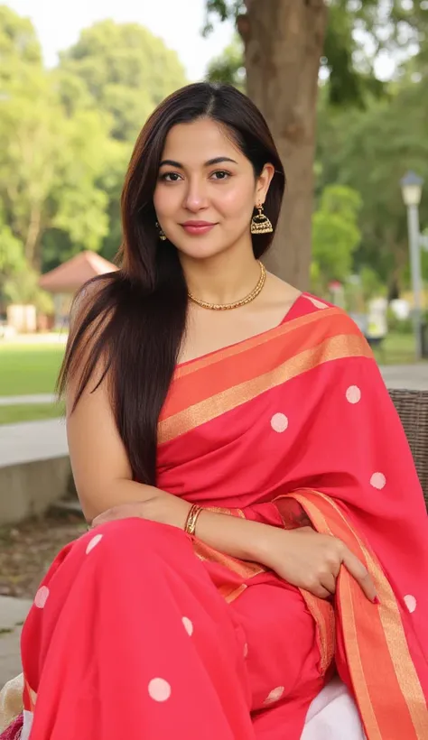 A malayali house wife, in red satin sleeveless frock and white dotted spots in frock , ethnic saree fashion photo shoot, long hair in front , wearing beautiful earring and gold chain in neck, sitting pose in chair, looking at camera, garden as back ground ...