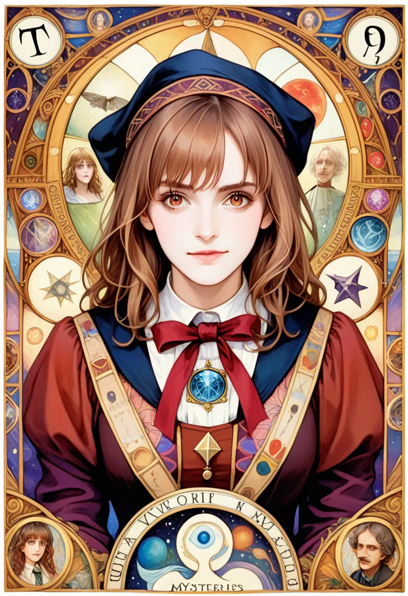 (absurdres, highres, ultra detailed), 1 Female, Brown hair, Brown eyes, Looking at the camera, Hermione Granger, Harry Potter, Finely detailed eyes and detailed face, Mysteries \tarot\, bard, clown, Symbolism, Visual art, Occult, Universal, Vision casting,...