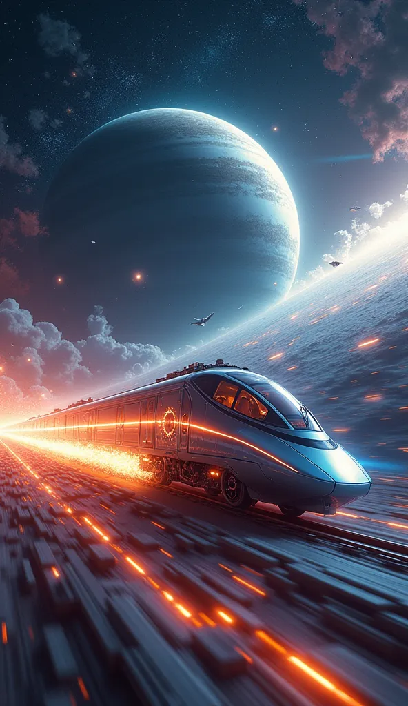 Create a surreal and sci-fi-inspired photo depicting the concept of the speed of light, time travel, and cosmic exploration. Show a futuristic high-speed train racing through space, its sleek design glowing with neon lights, as it travels in front of a mas...