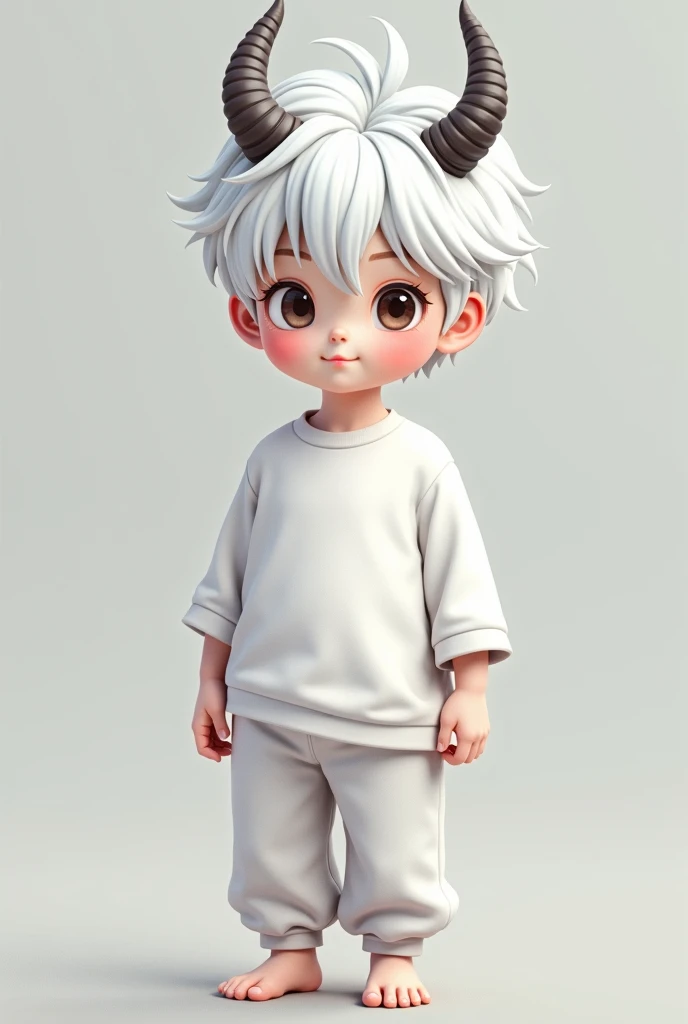 White haired asian boy，Short horns on the head，Wear white clothes and pants，Delicate boy face，，Reality