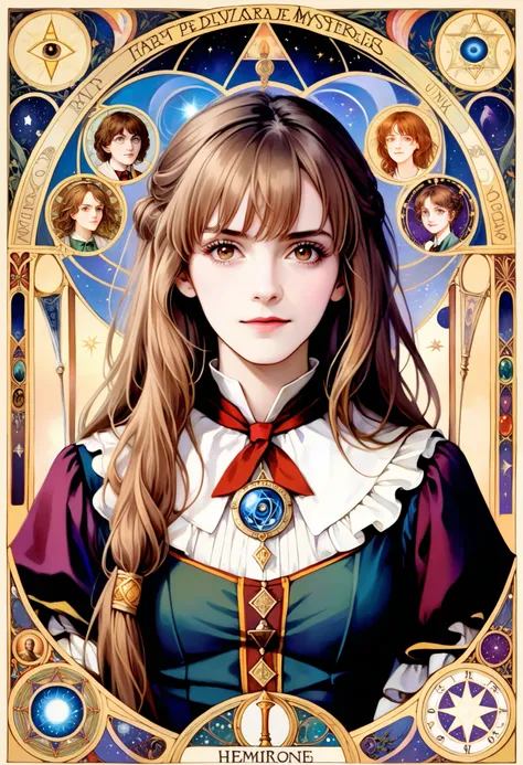 (absurdres, highres, ultra detailed), 1 Female, Brown hair, Brown eyes, Looking at the camera, Hermione Granger, Harry Potter, Finely detailed eyes and detailed face, Mysteries \tarot\, bard, clown, Symbolism, Visual art, Occult, Universal, Vision casting,...