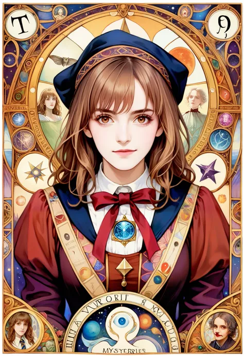 (absurdres, highres, ultra detailed), 1 Female, Brown hair, Brown eyes, Looking at the camera, Hermione Granger, Harry Potter, Finely detailed eyes and detailed face, Mysteries \tarot\, bard, clown, Symbolism, Visual art, Occult, Universal, Vision casting,...