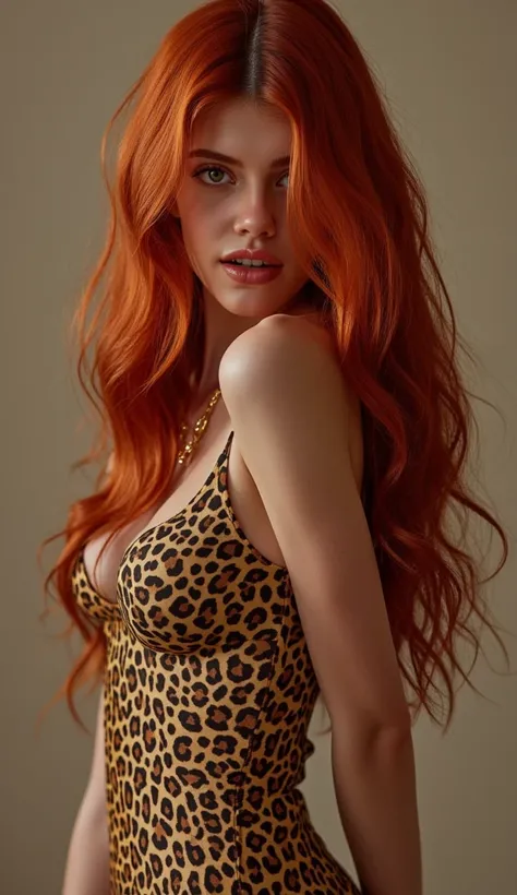 1girl, long red hair, perfect face, perfect body, dress with leopard print, posing, seductive, masterpiece, ultra-detailed, photorealistic, staring at viewer, (kelly piquet), gold necklace, slim, athletic 