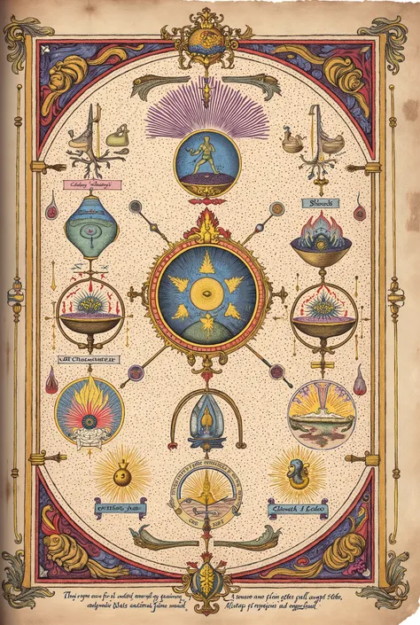 Medieval Illuminated Alchemical manuscript style artwork, colorful ink pen linework, ((textbook manuscript page)) of labelled drawing of Alchemy diagrams 
