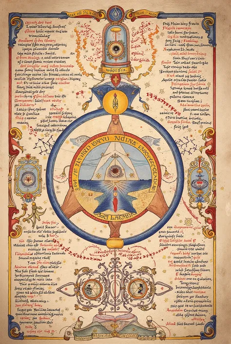 Medieval Illuminated Alchemical manuscript style artwork, colorful ink pen linework, ((textbook manuscript page)) of labelled drawing of Alchemy diagrams 
