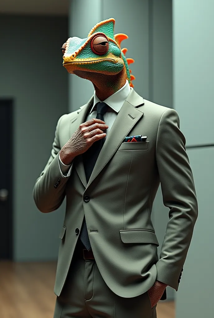 make a businessman chameleon dressed in a suit by adjusting his tie