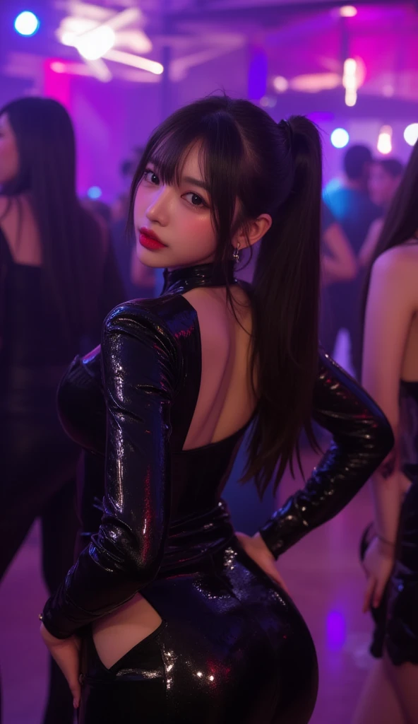 woman, cute, High School Girls,  sexy, school prom, , internal,  night ,  night  club, Dance Floor, neon light, people々, wearing a black tight, squishy dress, shiny, bangs to hide eyes, mteethive , happy, Hair tied up,  hairpins, super wide hips, mteethive...