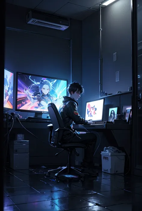 gamer boy, detailed facial features, sitting posture, focused expression, playing video game, gaming setup, RGB gaming PC, gaming mouse and keyboard, RGB LED lighting, puddles reflecting lights, dramatic shadows, cinematic lighting, dark moody colors, digi...