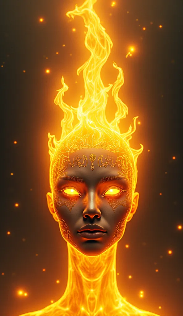 A mystical golden-eyed figure, her face disbanding into liquid flames that float to the sky. The flames form esoteric symbols and hypnotic spirals as they consume their form