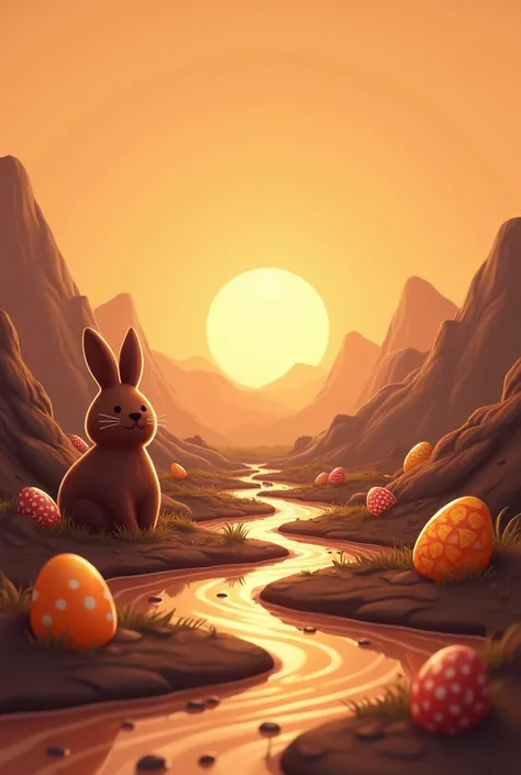 cute cartoon easter theme orange color and brown, a tematic disney big river of chocolate with various elements and chocolate waves, chocolate easter egg, chocolate bunny, orange and brown dots, just landscape