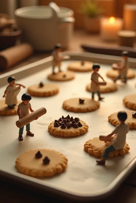 Tiny bakers are shaping cookie dough into perfect round pieces on a giant baking sheet. Some are using rolling pins, while others are carefully placing chocolate chips on top of each cookie. The background has a warm, golden glow, making the scene feel mag...