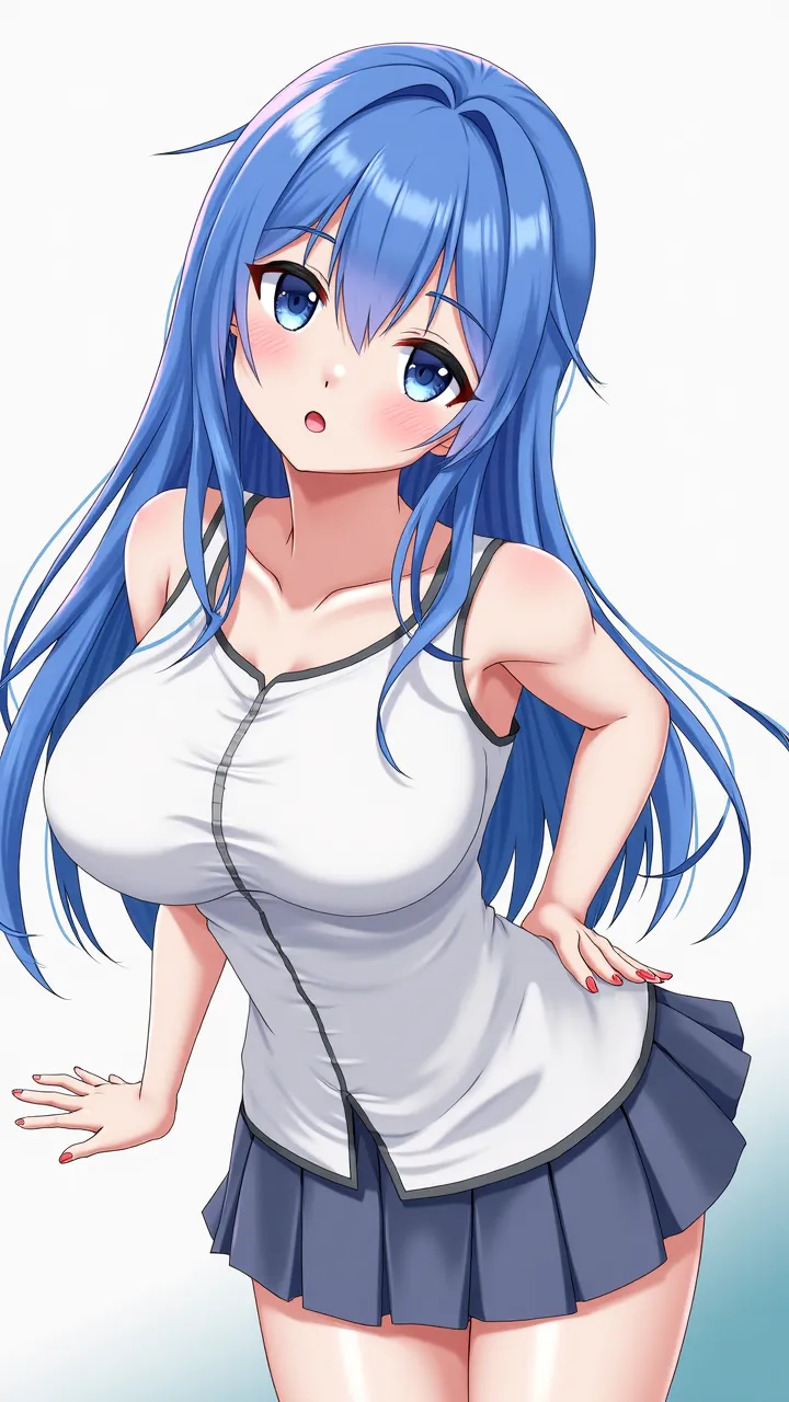 1 fille,  long hair, Regardant le spectateur, Reddened, mouth open, blue eyes,  Blue Hair, Lips Parted, Language, Language Sortie,  High Resolution , Best Quality, Details, high quality, very detailed, big breasts,  futanari penis , 3D rendering, Anime Sty...