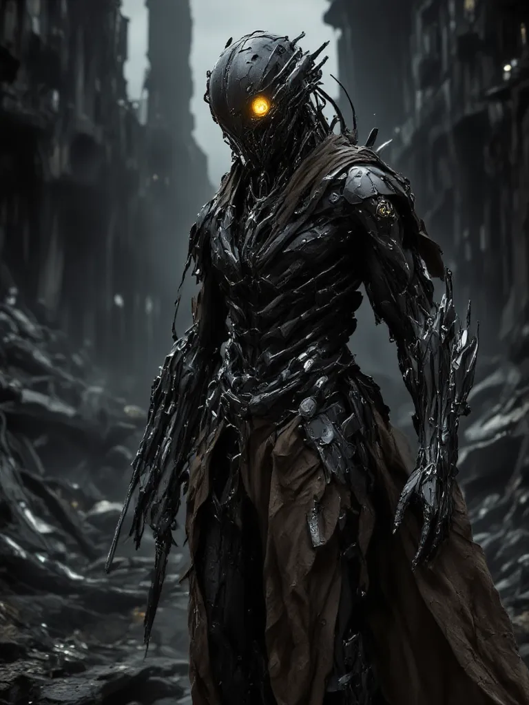 "A lone cyborg survivor wandering through a ruined, post-apocalyptic wasteland. His body is partially human, with cybernetic limbs replacing lost flesh. His glowing artificial eye scans the horizon for danger, while his rugged, battle-worn armor tells a st...