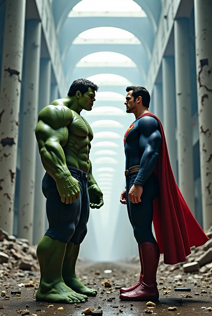 "Depict a dramatic scene with Hulk and Superman standing face-to-face in an enormous, crumbling structure. The walls are lined with towering, futuristic columns, and massive beams stretch overhead. The environment looks like it’s been ravaged by battle, wi...