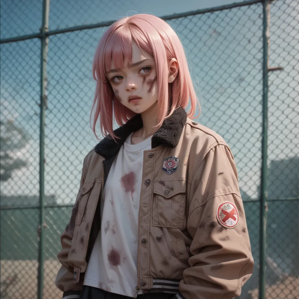 Japanese girl. pink hair with bangs. Dirty body. Bruises. Injuries. Rusty metal fence. MA-1 bomber jacket 