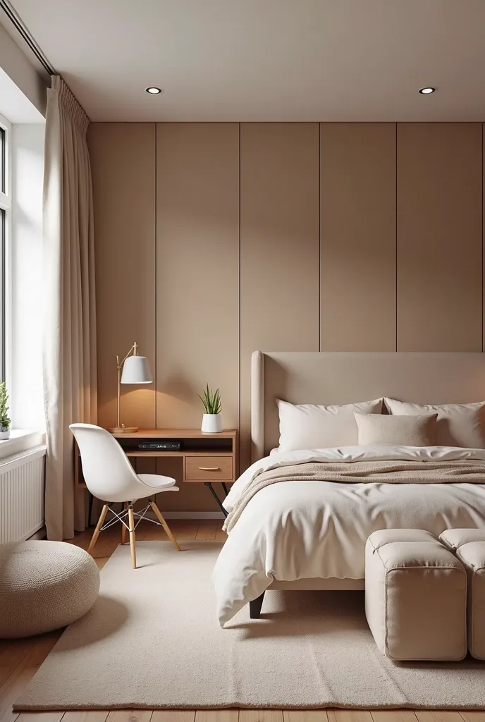 look I want a room design with nude colours the bed is above the ground with a desk and a chair below (with a good size) also another chair beside the widow just to chill (bean bag maybe) and the wardrobe up to ceiling the chair is below the bed !!!