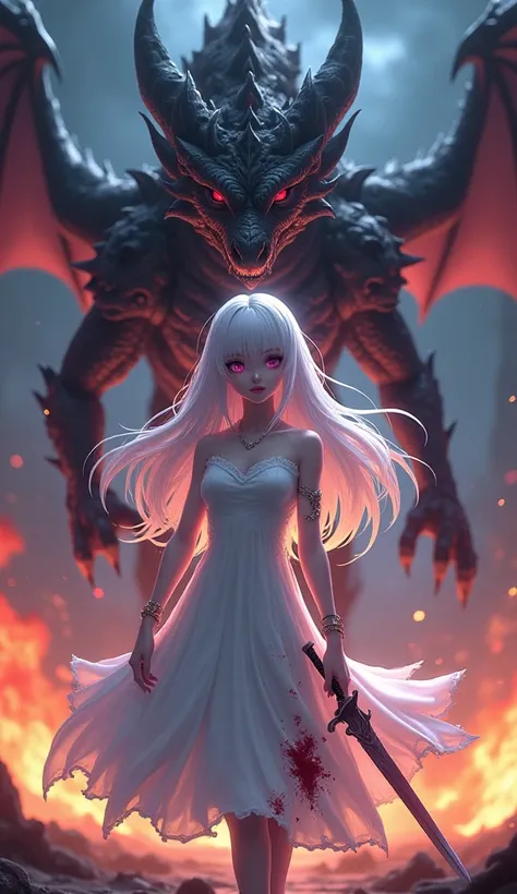 A woman with platinum hair, white skin and reddish-purple eyes , behind her is a large three-headed dragon , she wears a white dress with blood and a sword in her right hand , they are on a battlefield with fire everywhere and it's night , The image must b...