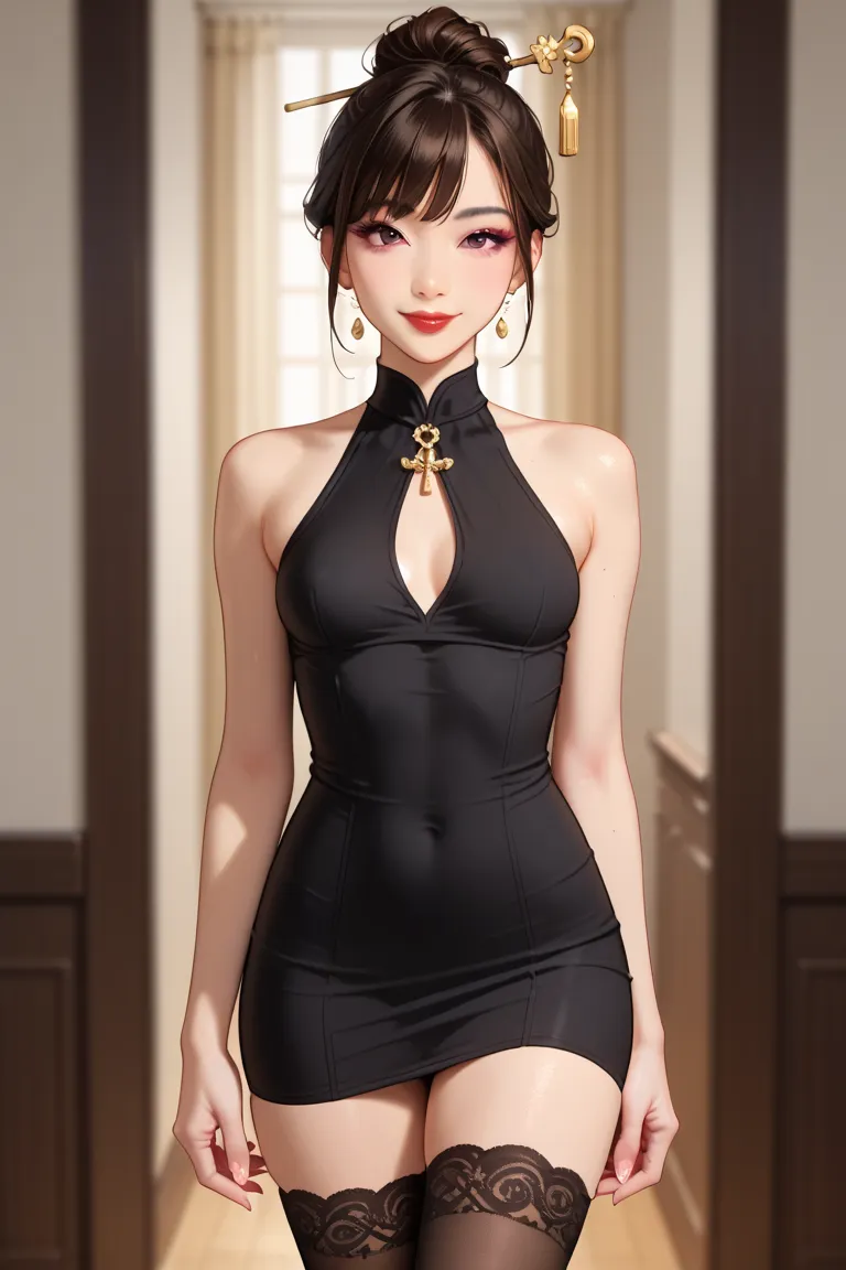 sexy asian woman, (asian face),(small eyelids), asian eyes, smile, red eye shadow, single hair bun, pale skin, hair sticks, skinny, middle body shot, small breasts, slim body, red lips, dark brown hair, bangs on the face, big purple eyes,(black fabric body...