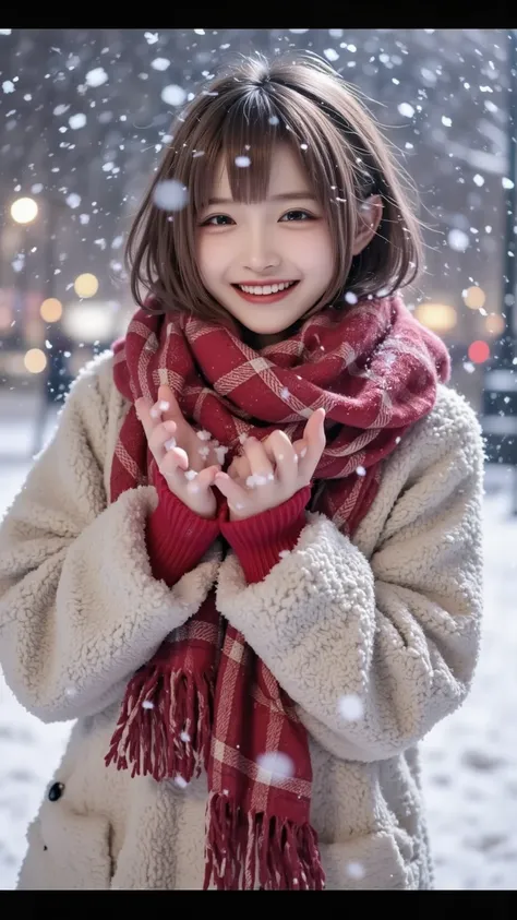 a cheerful girl with short brown hair and a red scarf、while running through a snowy park、catching snowflakes with her hands。 Her Bright Smile 、Despite the cold weather、It gives off warmth。 in the background 、It depicts quiet falling snow and warmly illumin...