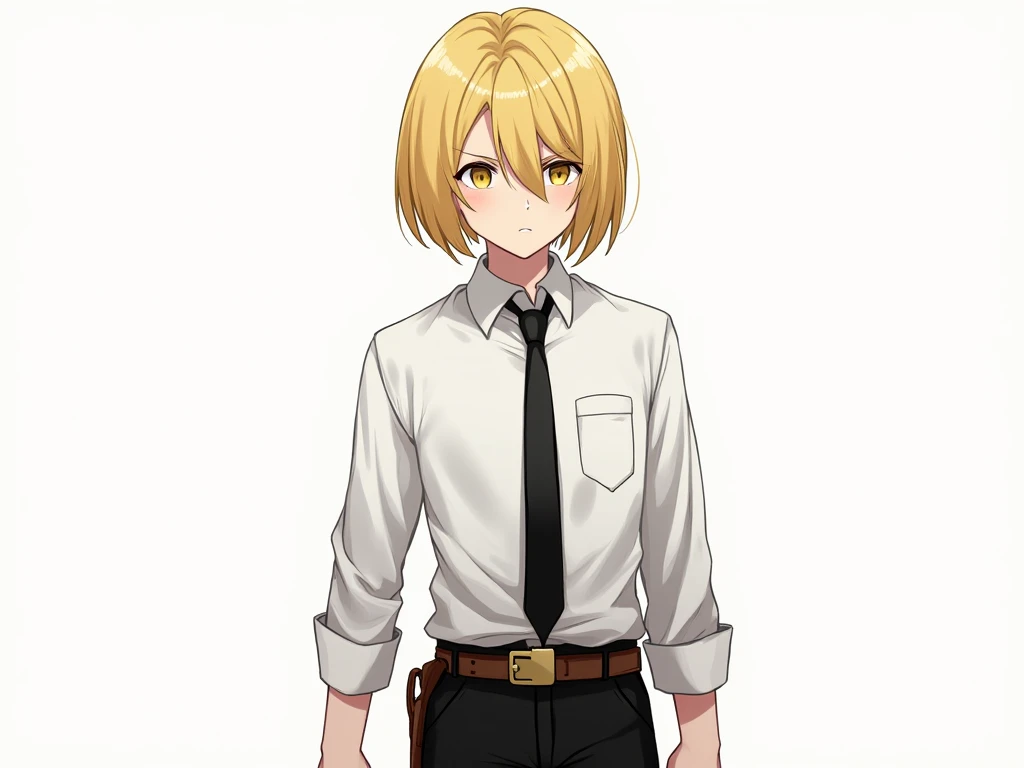 The character has blond hair, bob and yellow eyes, wears a formal white shirt with a black tie and black pants, making it look clean and sharp. In addition, there is a brown belt around the waist ready, which conveys a detective or explorer theme, the expr...