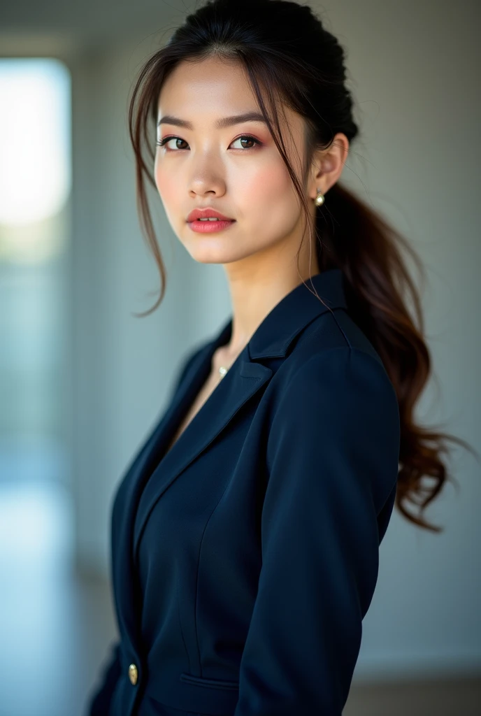 Young brunette woman with blue professional clothes and pinched hair 