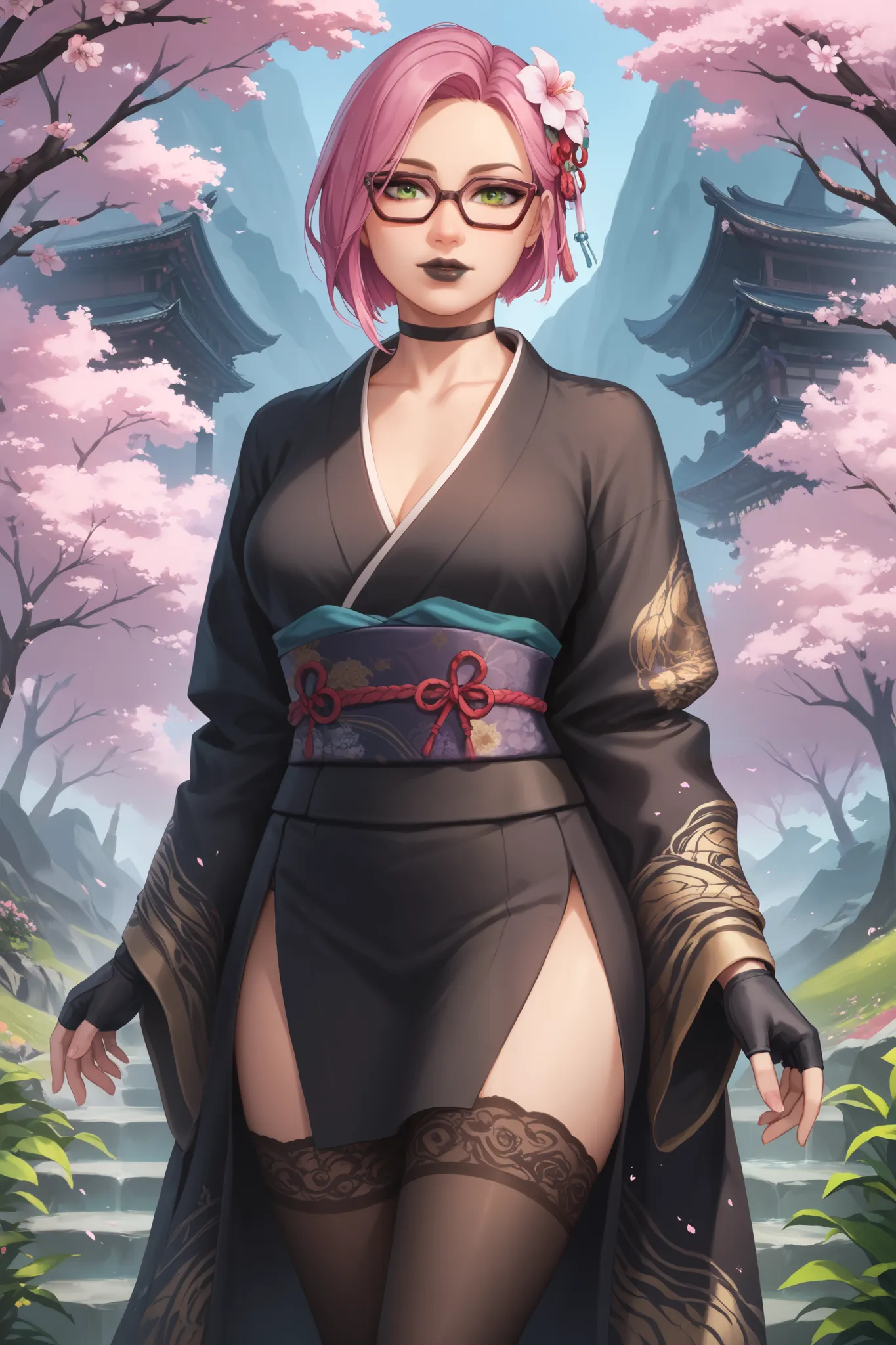 girl (masterpiece),choker,black lips,a flower in her hair,fingerless gloves,evening,Outside, Japanese landscape (only)KIMONO,black thigh high stockings,beautiful green eyes,short pink hair,glasses