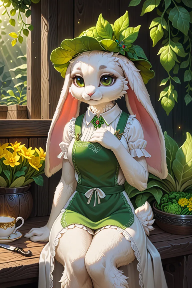 ((masterpiece, best quality, ultra detailed)), ((furry, anthro)), ((female white rabbit)), ((light fantasy)). a lop-eared rabbit with grayish white fur, wearing a large leaf hat concealing her ears, a yellow-green apron vest with a nature-themed brooch, a ...