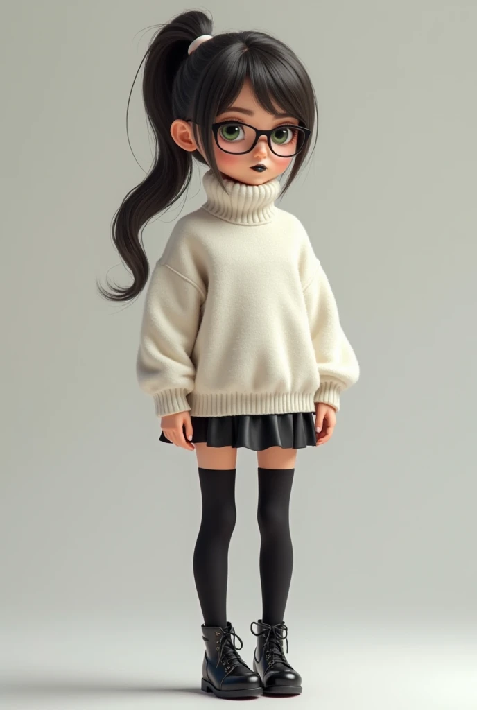 Baby Sitter di 19 anni, realistic image, white sweater and miniskirt, black socks on the legs, high-heeled shoe, full body shoe, Hair tied in a tail ,green eyes with glasses, black lipstick,full body shoe