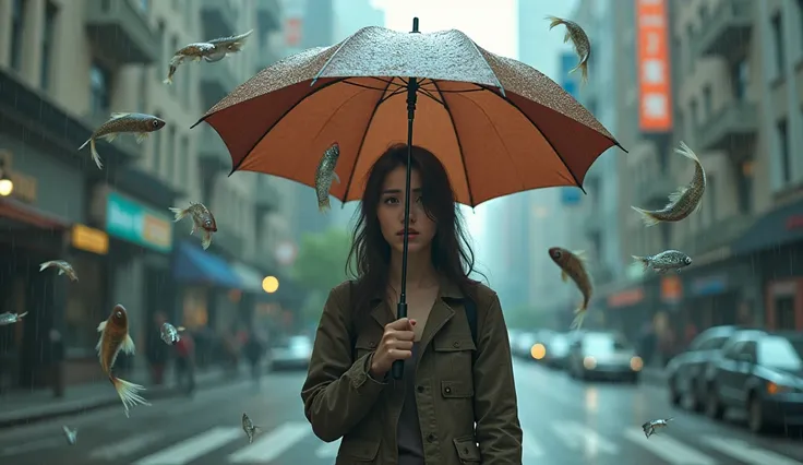 A woman shielding herself with an umbrella as fish fall around her.