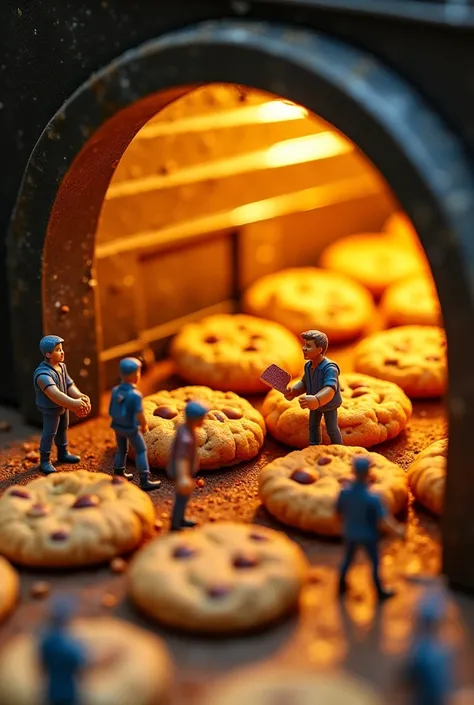 Tiny figures excitedly remove freshly baked, golden cookies from the massive oven. Some are using oversized oven mitts, while others fan the cookies to cool them down. The scene is filled with delicious warmth and the sweet aroma of baked treats."