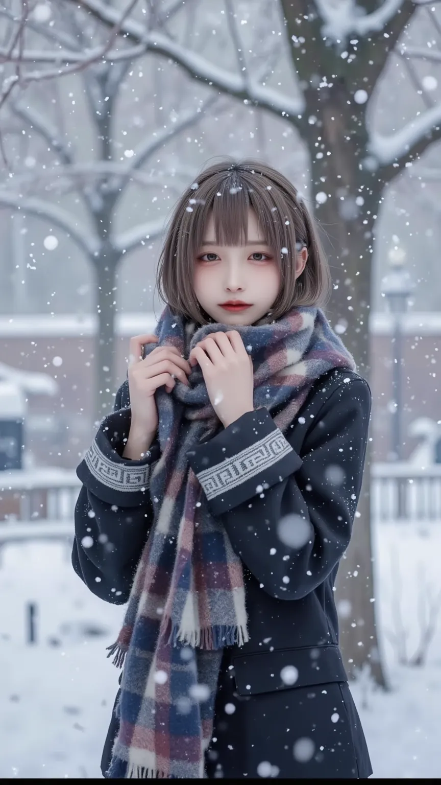 in the falling snow、Delicate girl standing alone with tears in her eyes。Snow is dancing in the uniform、While the cold wind blows、She's holding her scarf tightly。The quiet winter scenery emphasizes her loneliness、There is delicate beauty in that moment。 ver...