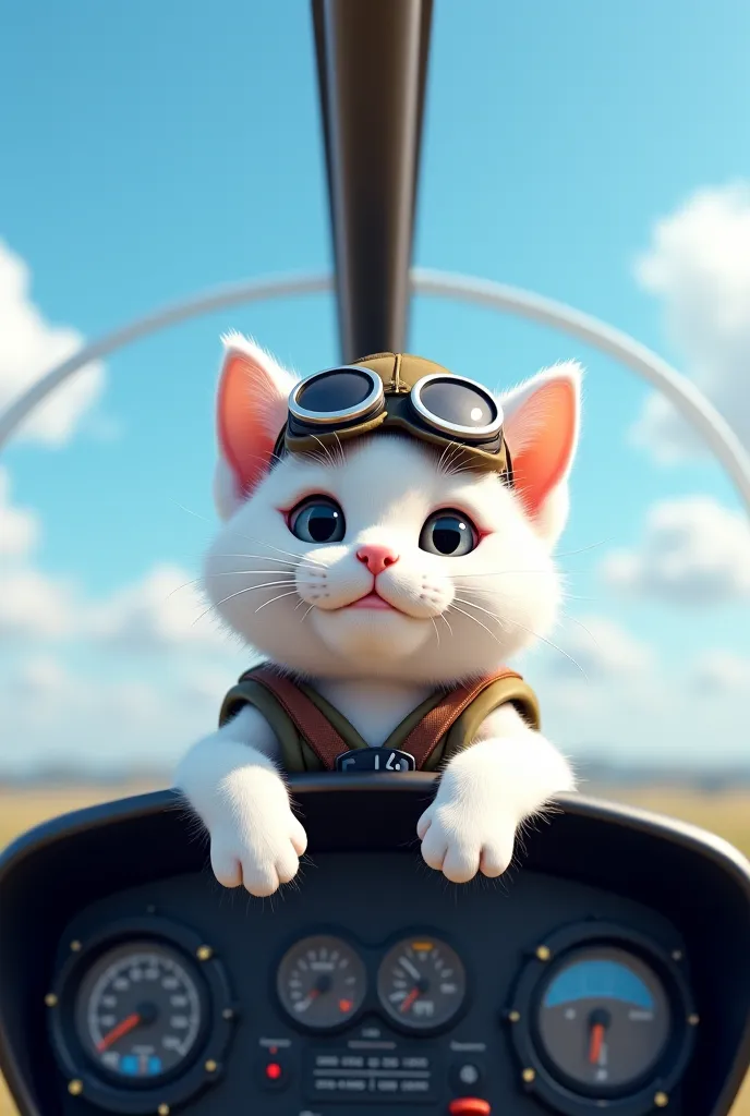 The cute white cat as a pilot of helicopter 