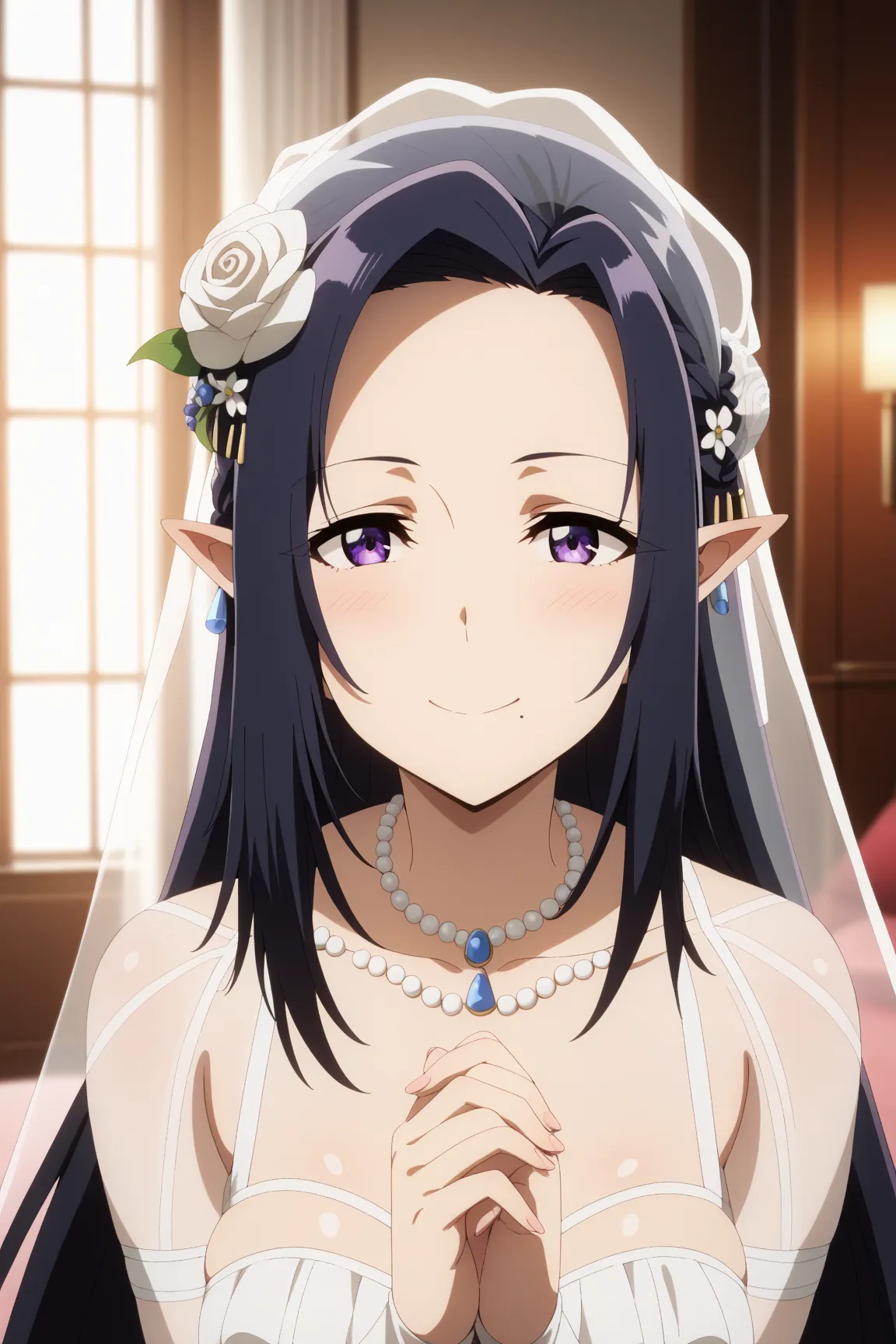 masterpiece,best quality,{{detailed beautiful face and eyes}}, very detailed background,
Gamma,{{{megami magazine}}},long hair,black hair,forhead,pointy ears,a mole,a mole under mouth,purple eyes,medium breasts,
1woman,hairstyle: (wedding bun:1.2)
Outfit: ...