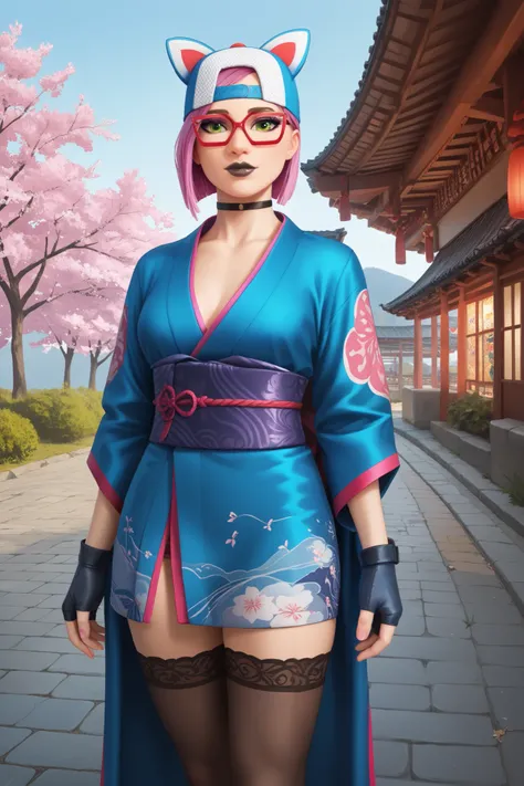 girl (masterpiece),choker,black lips,cap,fingerless gloves,evening,Outside, Japanese landscape (only)KIMONO,black thigh high stockings,beautiful green eyes,short pink hair,glasses